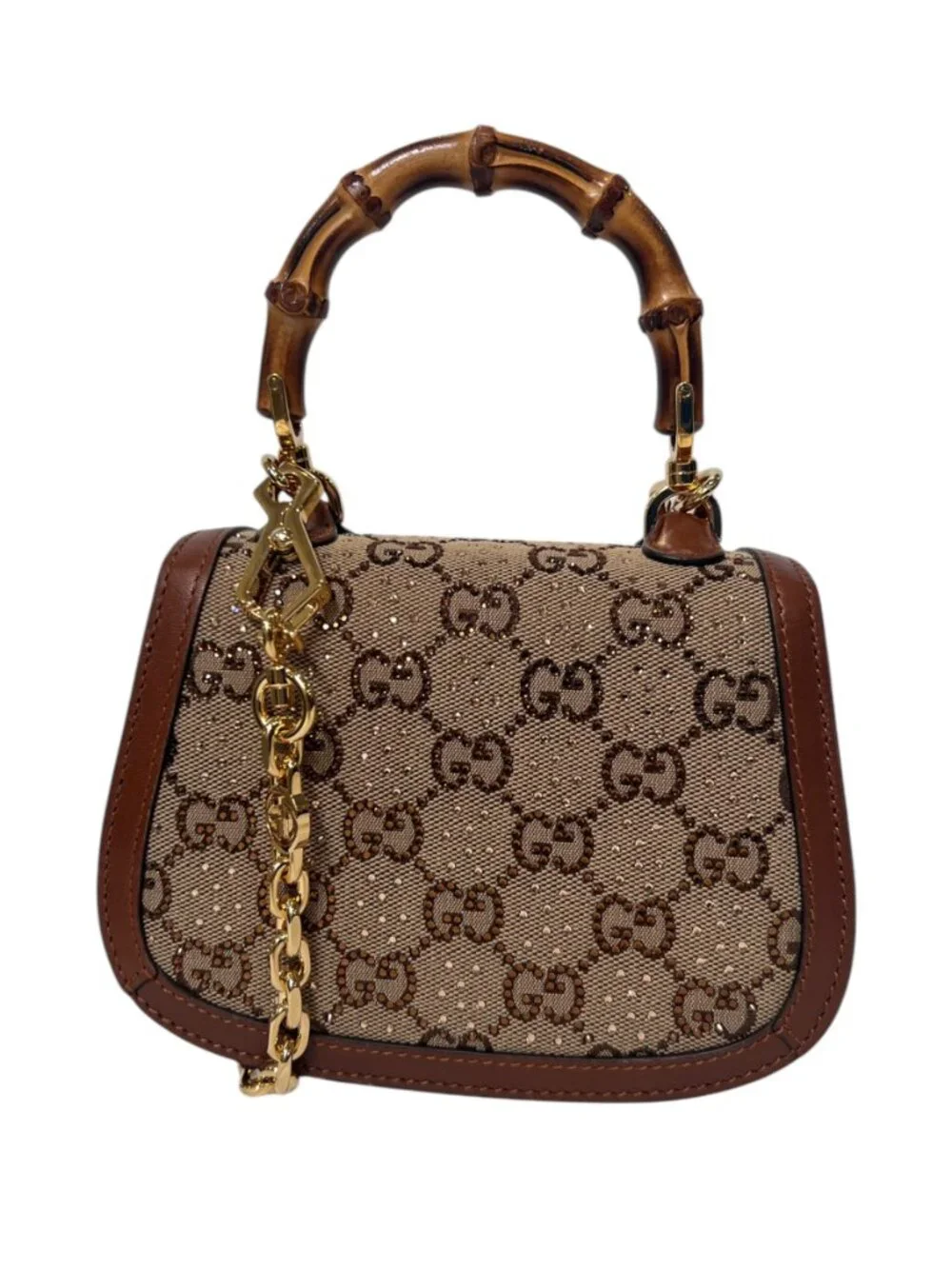 $4495 Gucci 1947 Brown Mini Crystal Studded Bamboo Handle Chain Crossbody - Picture 3 of 10